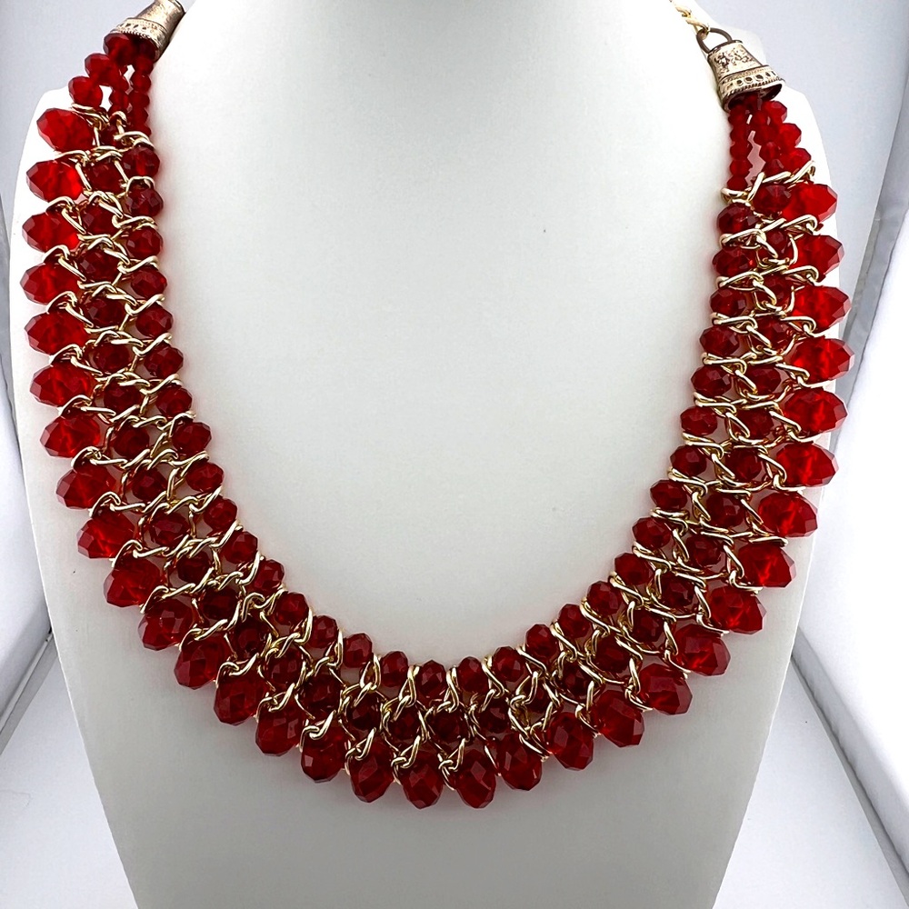 Vintage Red Faceted Crystal Gold Toned Necklace Choker